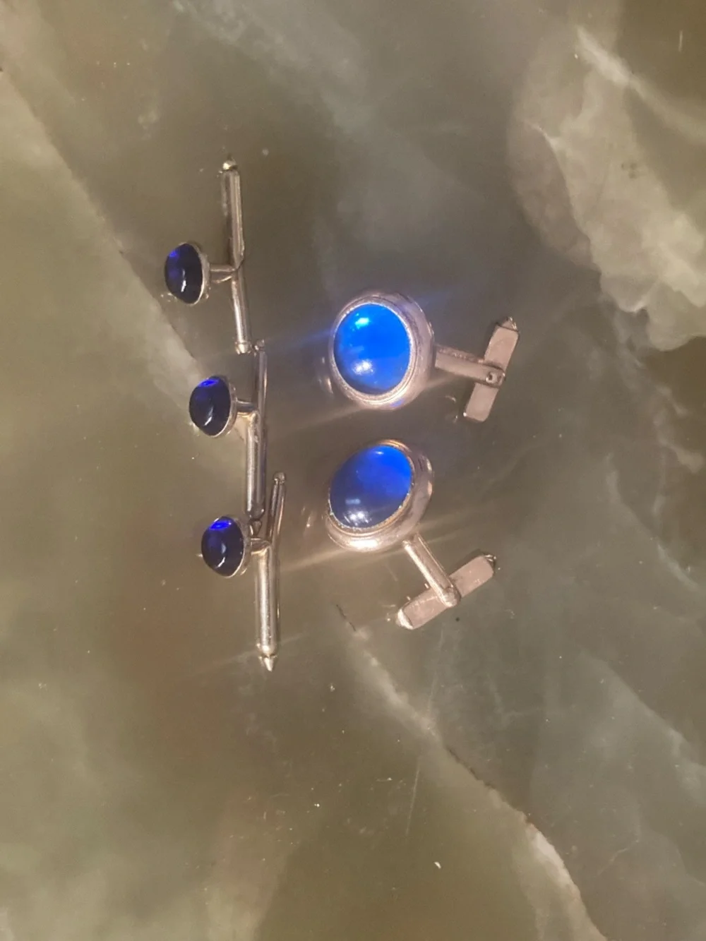 Vintage Swank Blue Cabochon Cufflinks & 3 Shirt Studs